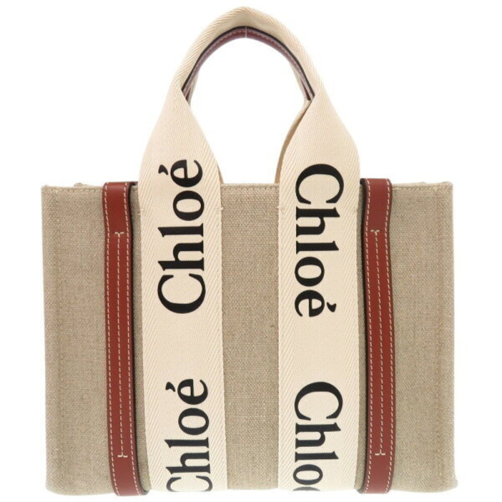 Chloe Woody Tote Bag Leather Canvas White Brown - Picture 3 of 8